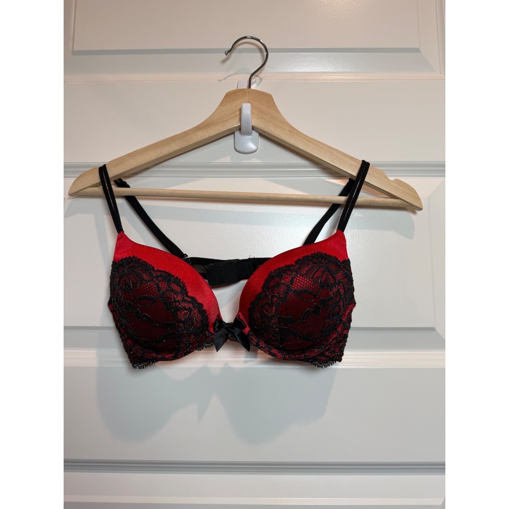 Victoria's Secret Very Sexy Plunge Bra 34A Red Black Gold Lace Padded Underwire